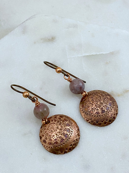 Acid etched copper earrings with tourmaline gemstones