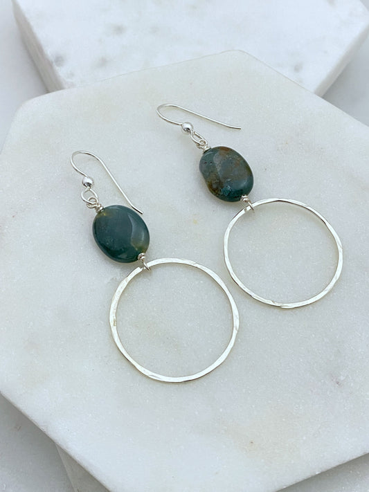 Sterling silver hoop earrings with moss agate oval gemstones