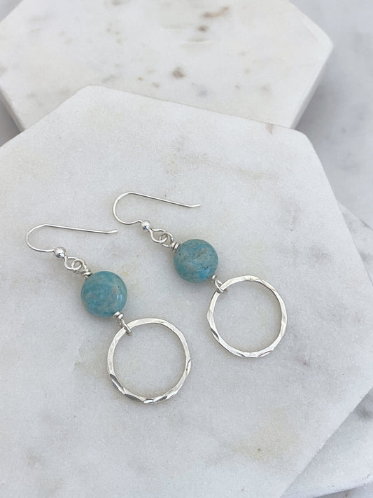 Sterling silver hoop earrings with amazonite gemstones