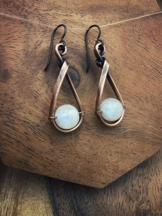 Copper teardrop hoops with moonstone