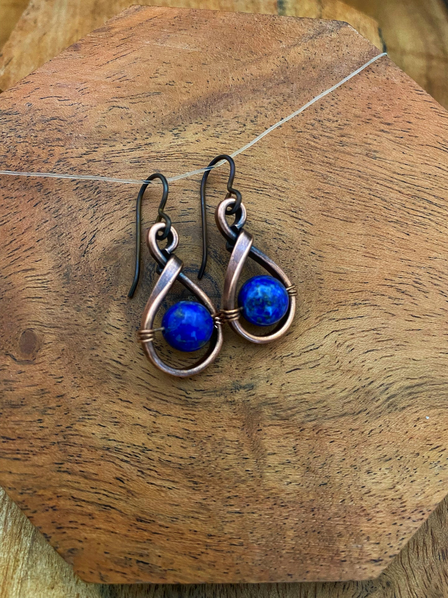 Copper teardrop hoops with Lapis