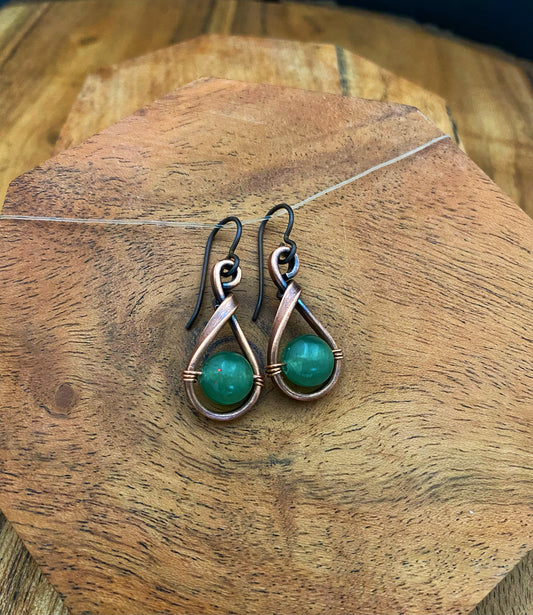 Copper teardrop hoops with aventurine