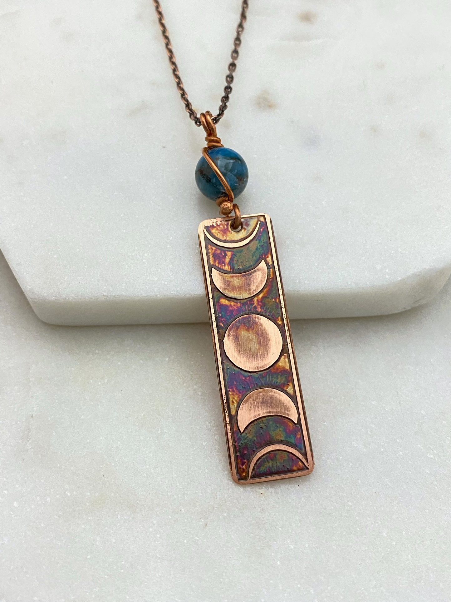 Moon phase acid etched copper necklace with apatite gemstone