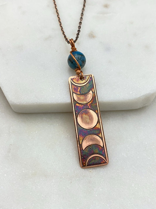 Moon phase acid etched copper necklace with apatite gemstone