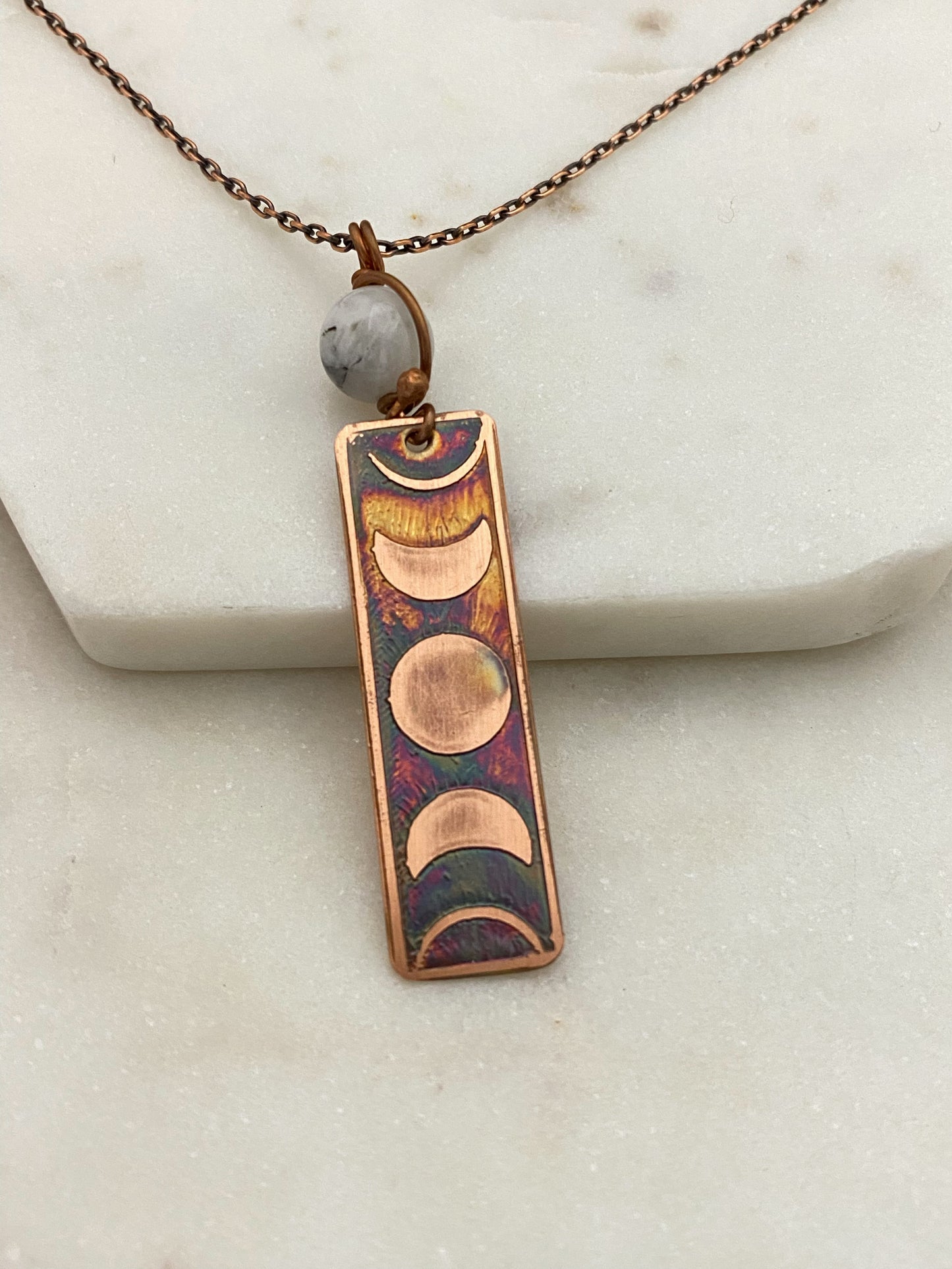 Moon phase acid etched copper necklace with moonstone gemstone