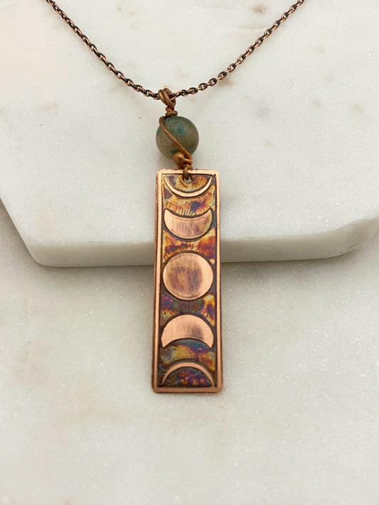 Moon phase acid etched copper necklace with amazonite gemstone