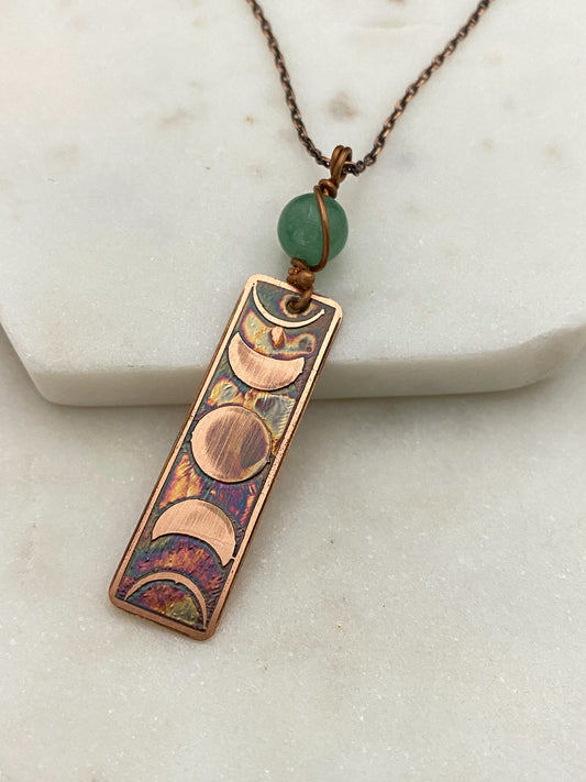 Moon phase acid etched copper necklace with aventurine gemstone