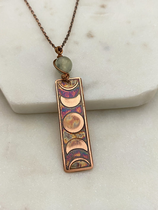 Moon phase acid etched copper necklace with prehnite gemstone
