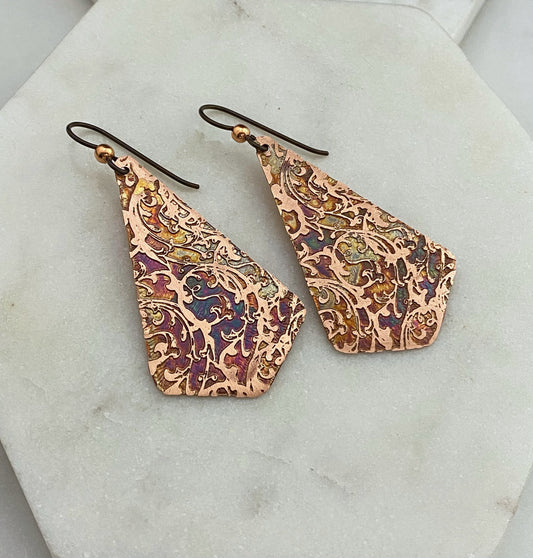 Acid etched copper earrings