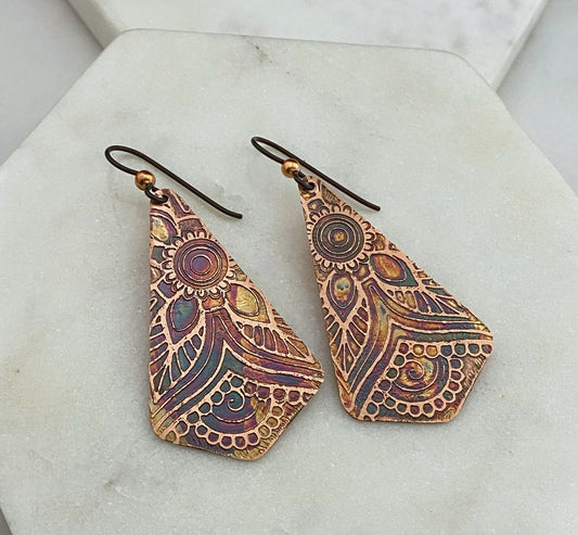 Acid etched copper earrings