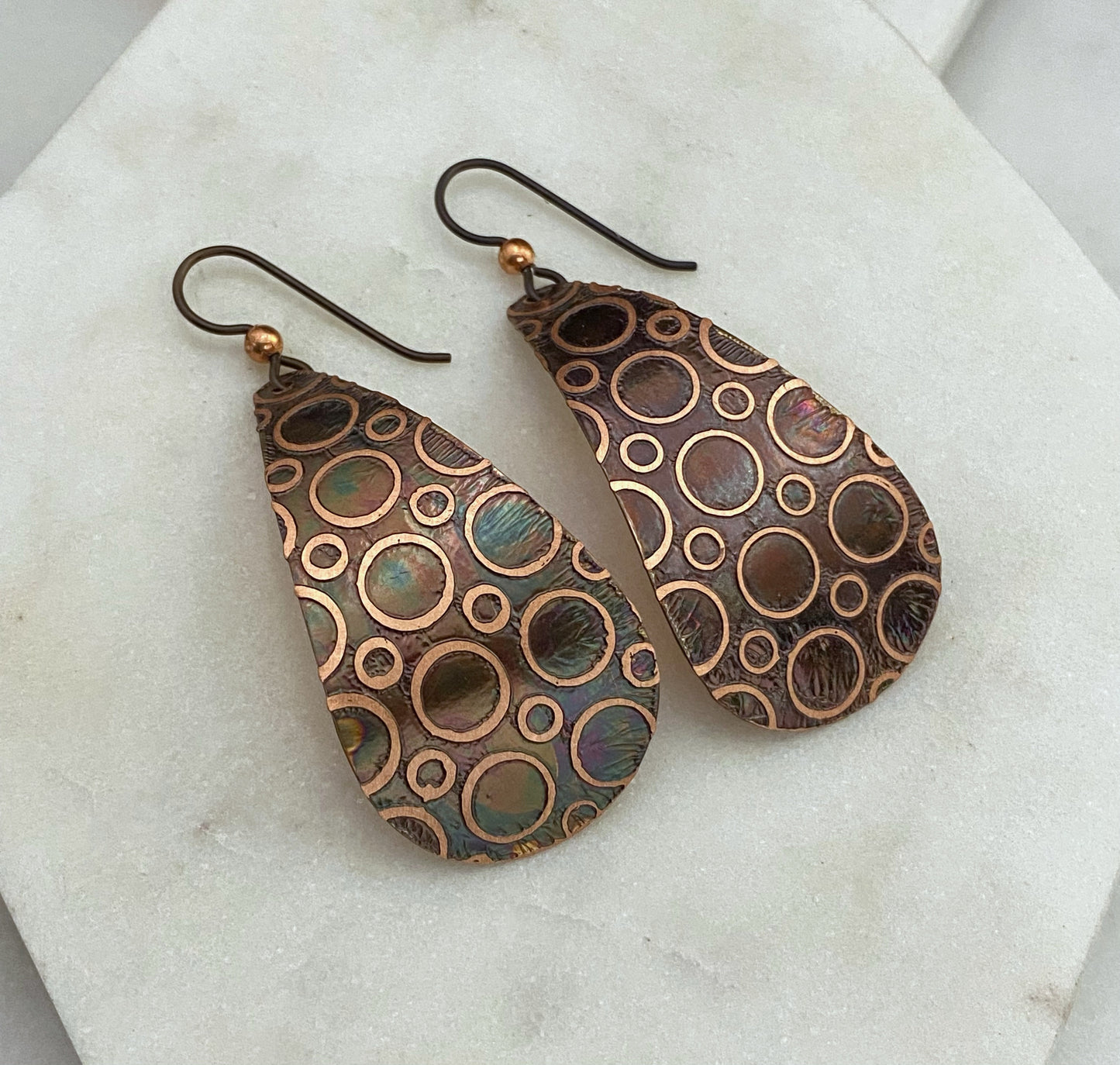 Large acid etched copper teardrop earrings