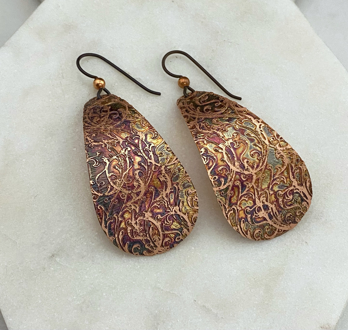 Large acid etched copper teardrop earrings