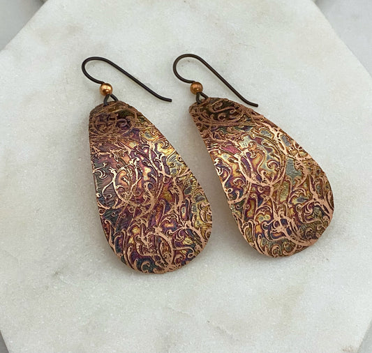 Large acid etched copper teardrop earrings