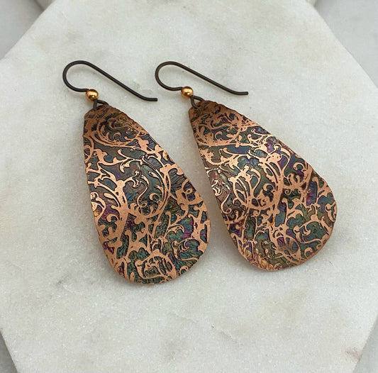 Large acid etched copper teardrop earrings