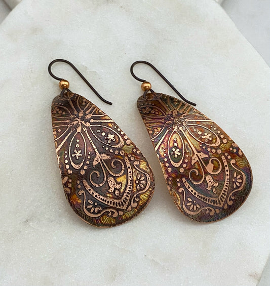 Large acid etched copper teardrop earrings