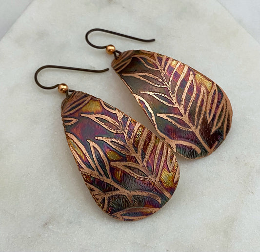 Large acid etched copper teardrop earrings