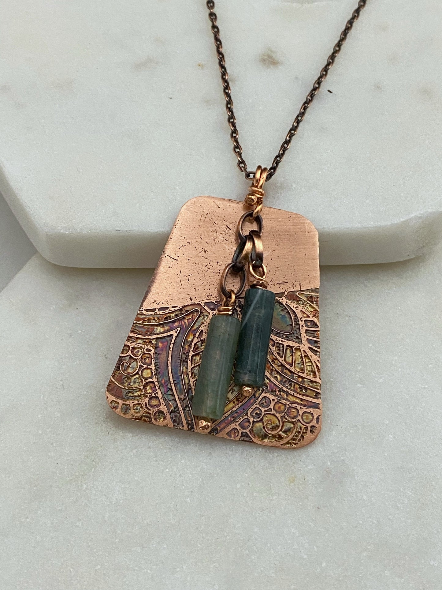 Acid etched copper necklace with moss agate gemstone