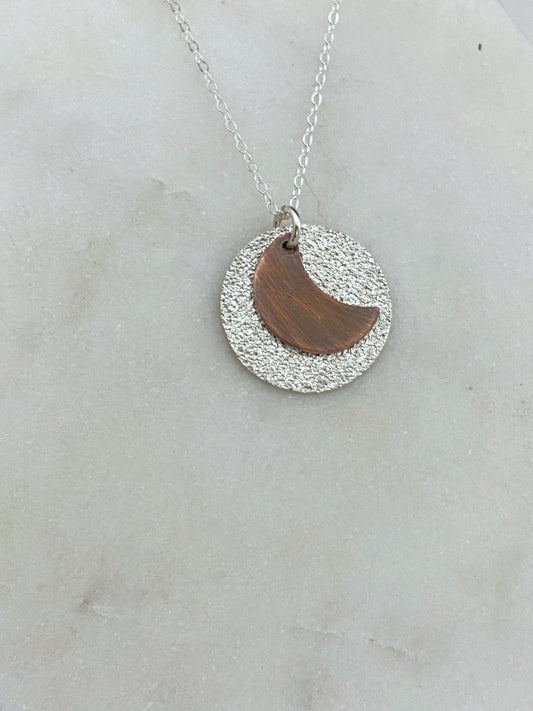 Sterling silver and copper moon necklace