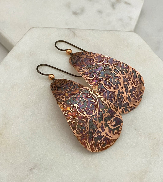 Large acid etched copper teardrop earrings