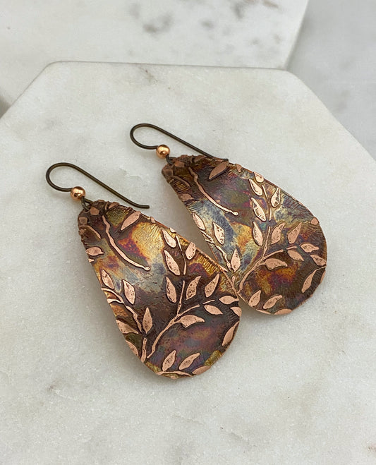 Large acid etched copper teardrop earrings
