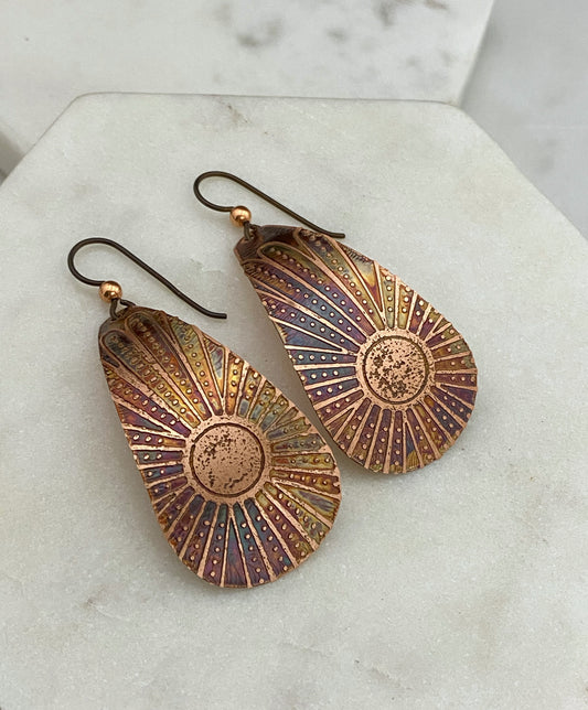Large acid etched copper teardrop earrings