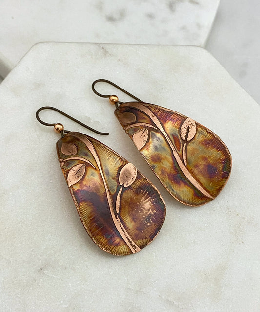 Large acid etched copper teardrop earrings