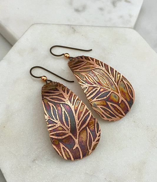 Large acid etched copper teardrop earrings