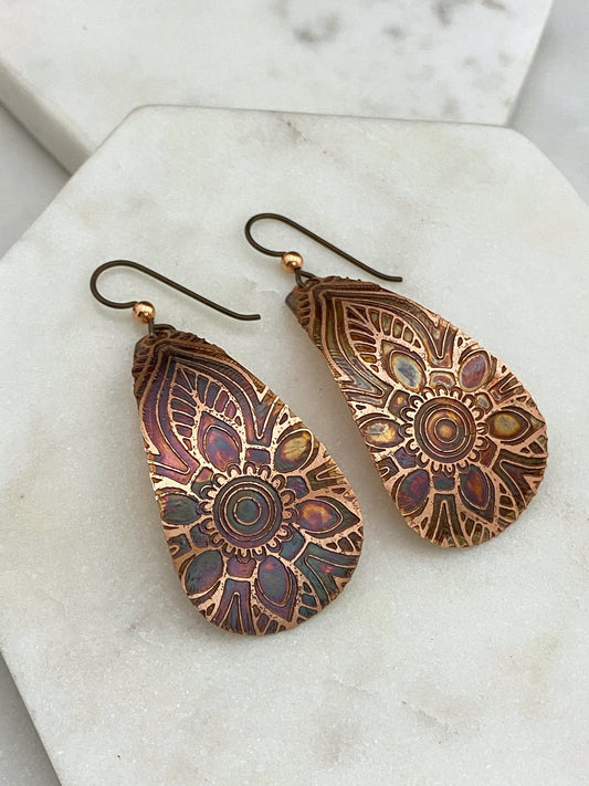 Large acid etched copper teardrop earrings
