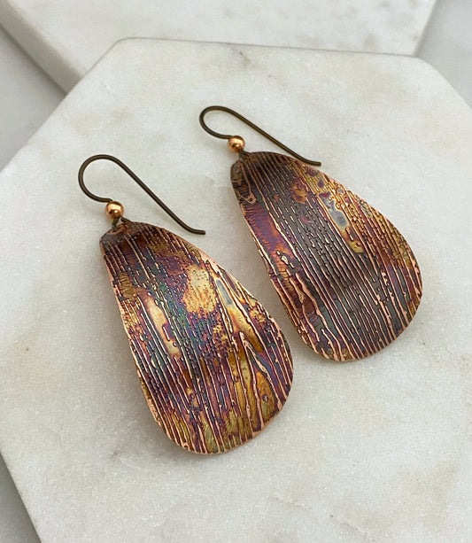 Large acid etched copper teardrop earrings