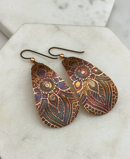 Large acid etched copper teardrop earrings