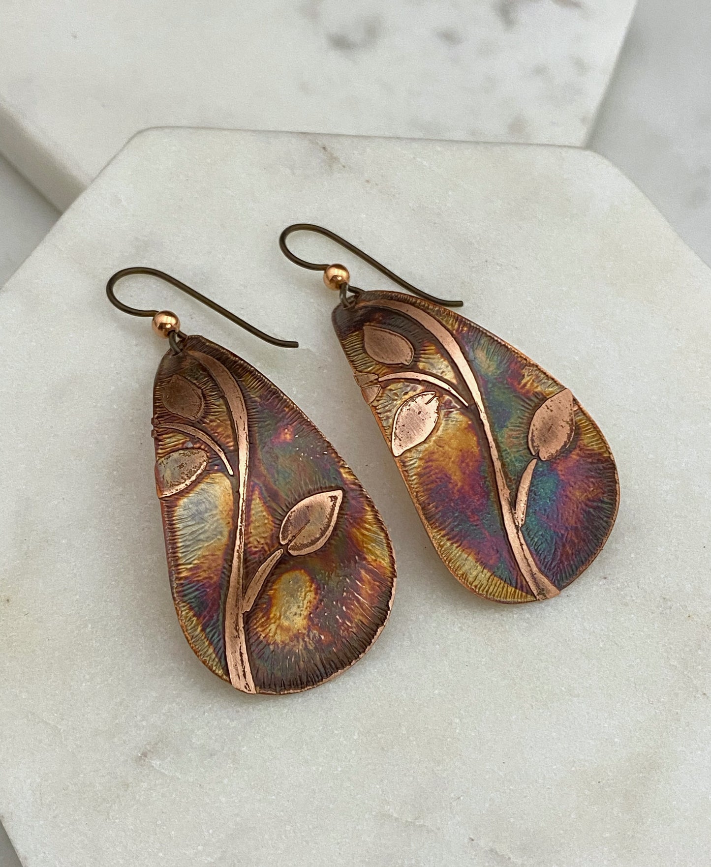 Large acid etched copper teardrop earrings