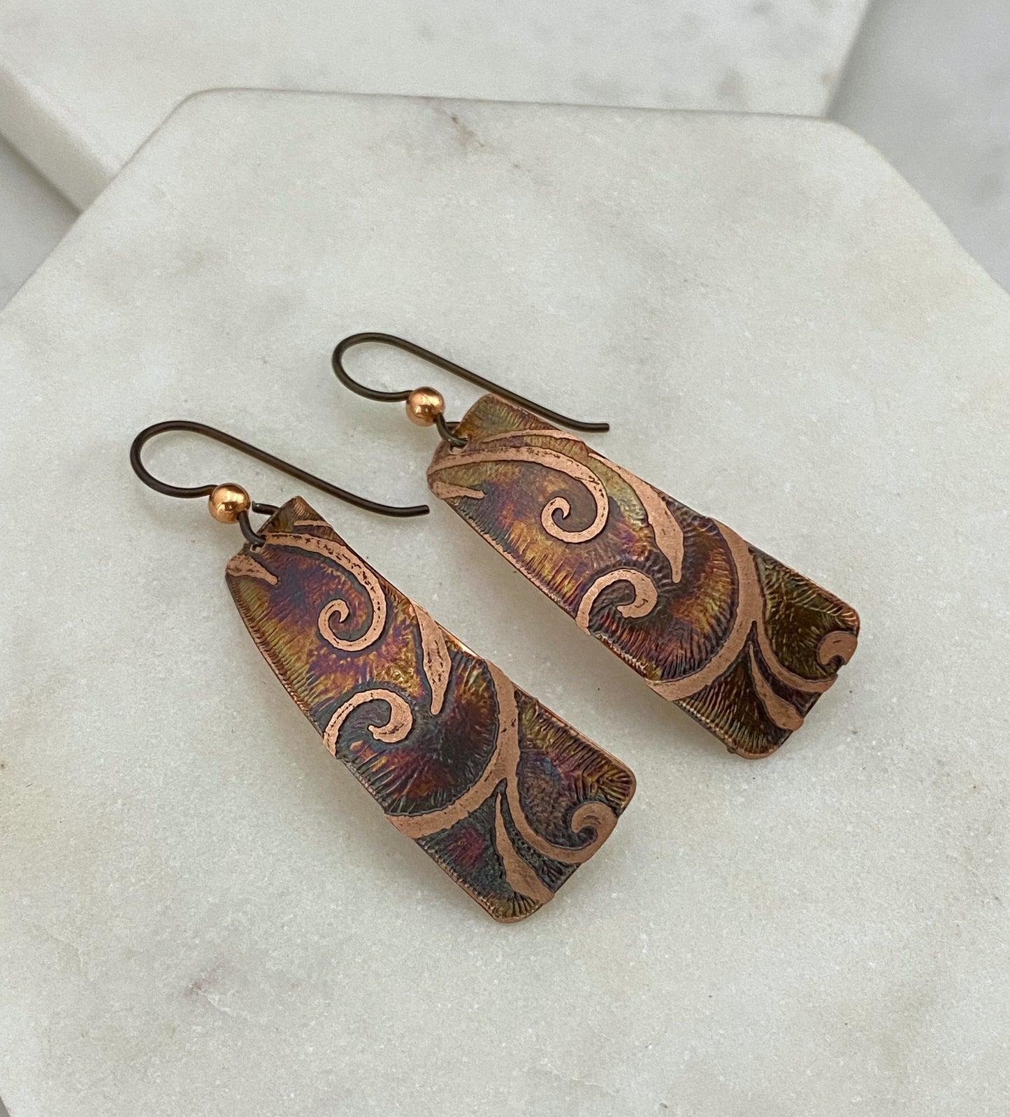 Acid etched copper irregular rectangle earrings