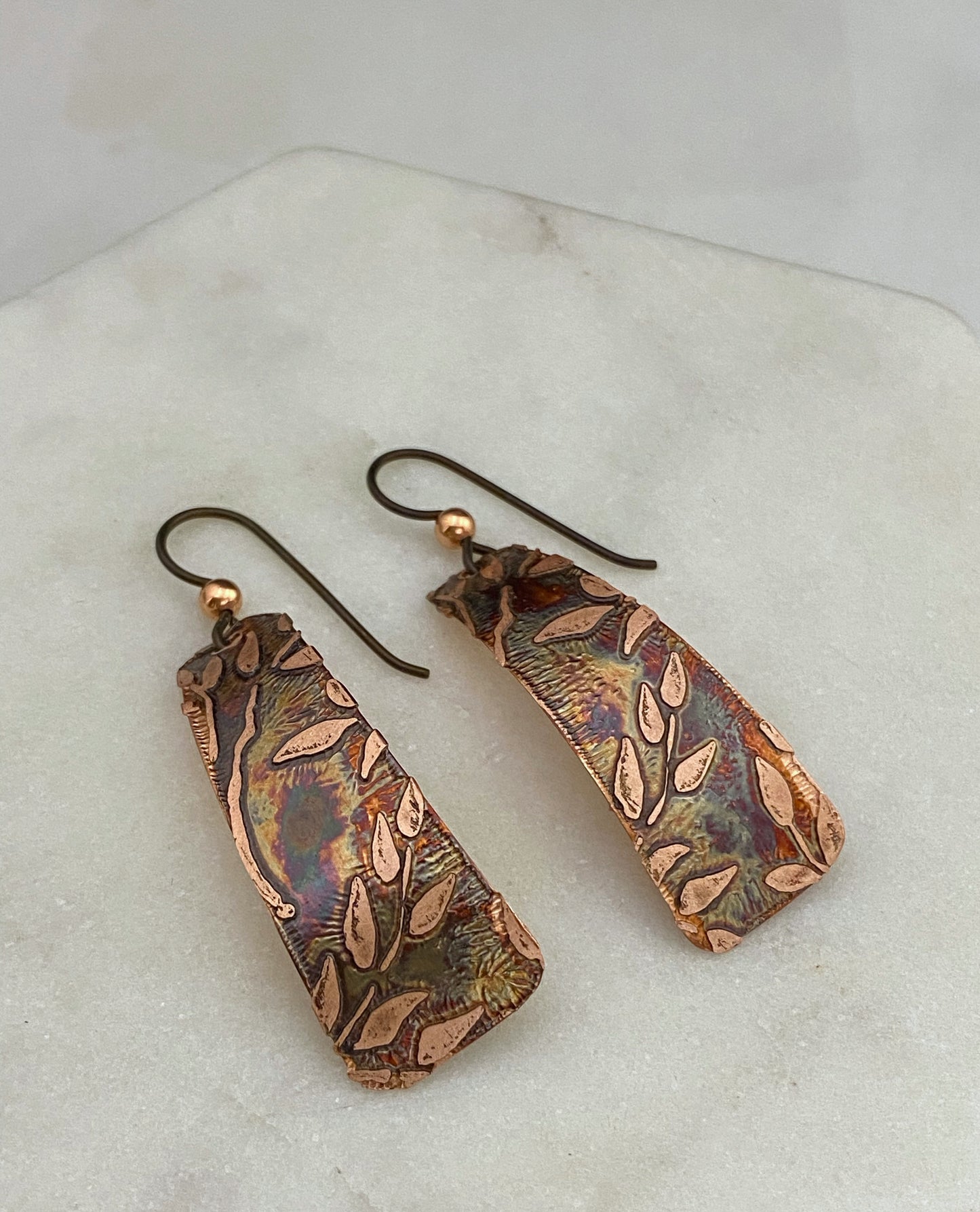 Acid etched copper irregular rectangle earrings