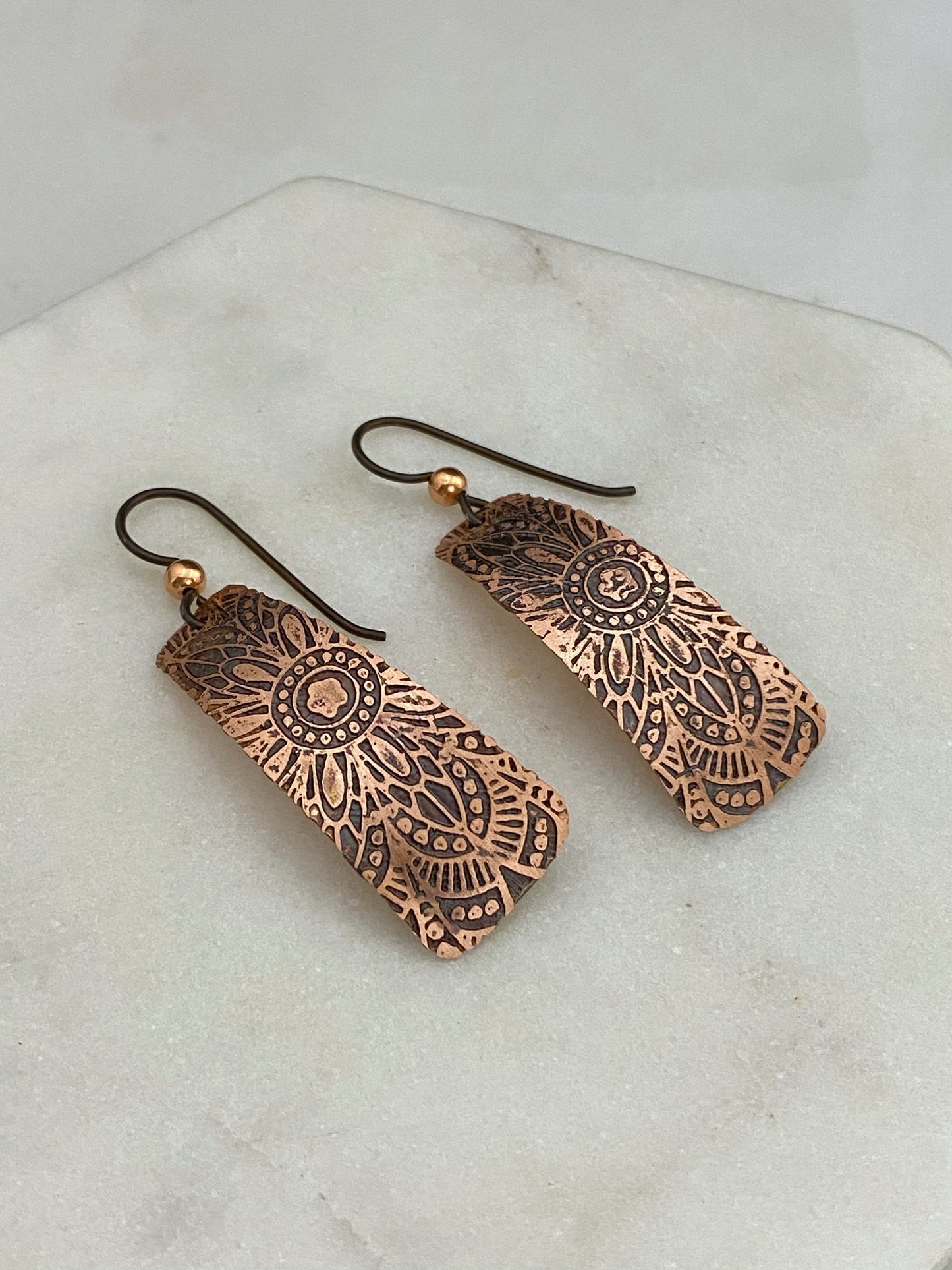 Acid etched copper irregular rectangle earrings