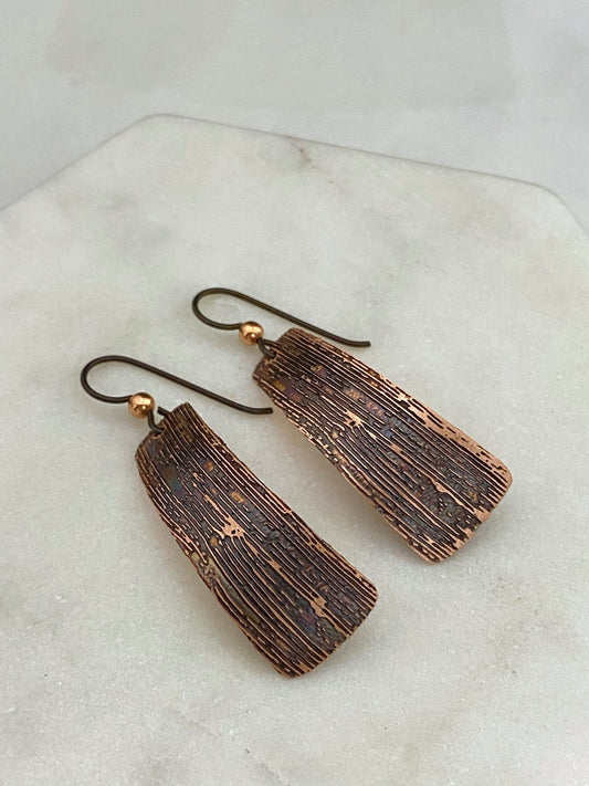 Acid etched copper irregular rectangle earrings