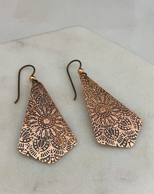 Acid etched copper earrings