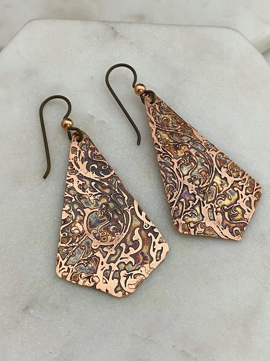 Acid etched copper earrings