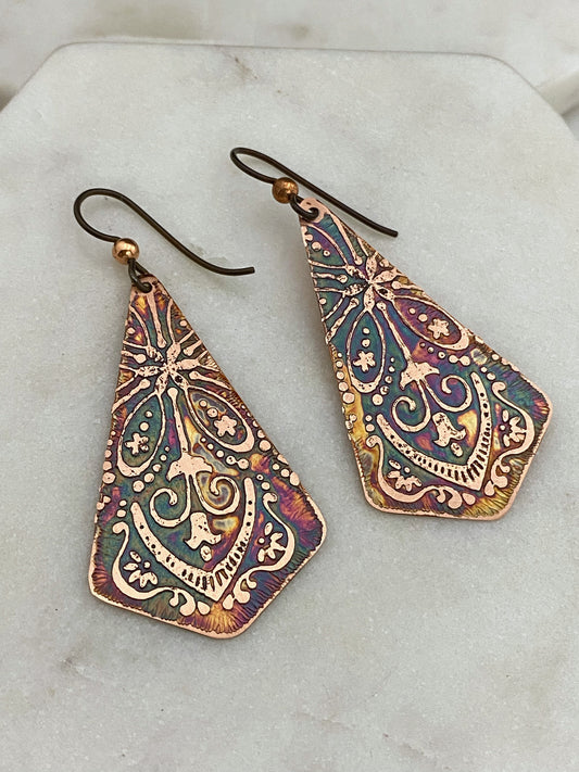 Acid etched copper earrings
