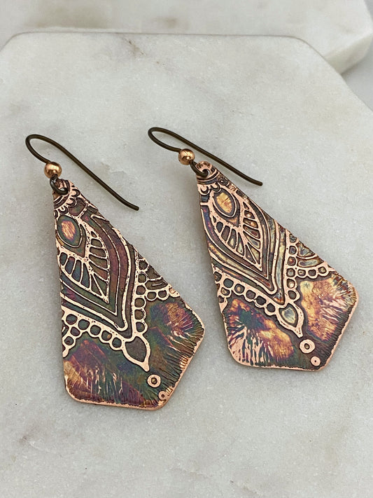 Acid etched copper earrings