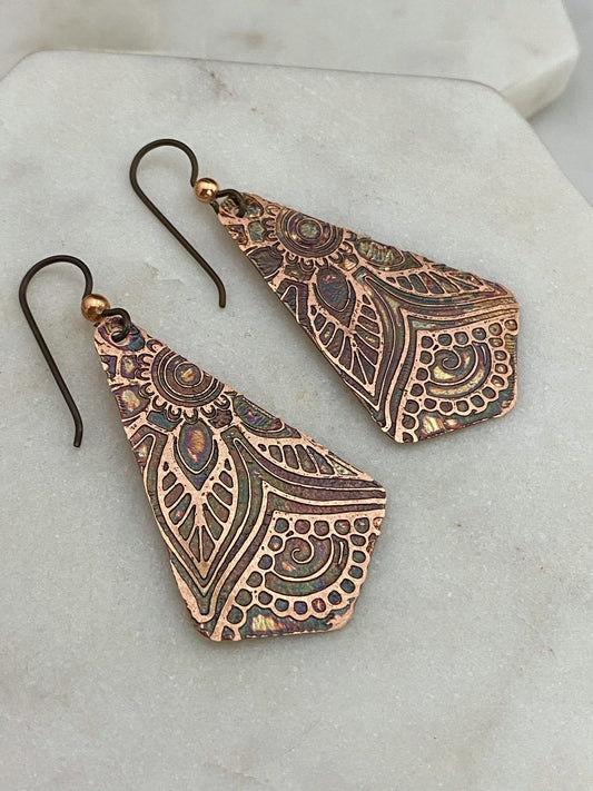 Acid etched copper earrings