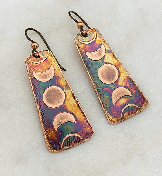 Acid etched copper moon phase earrings