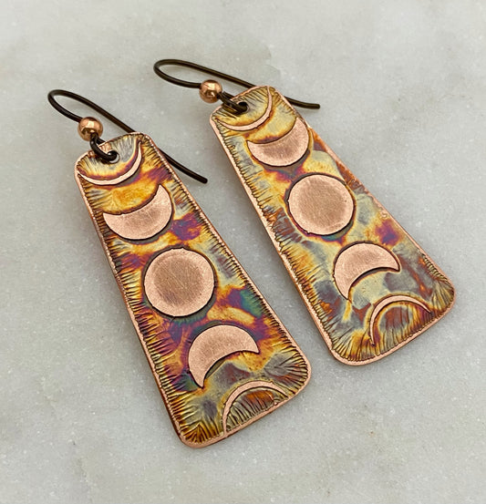 Acid etched copper moon phase earrings