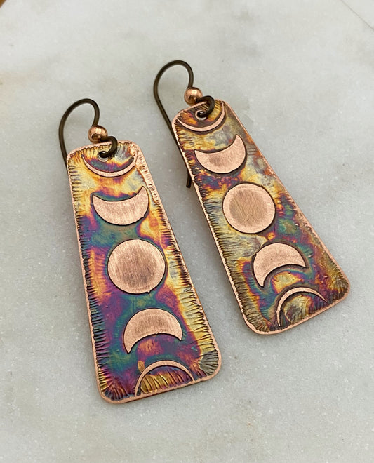 Acid etched copper moon phase earrings