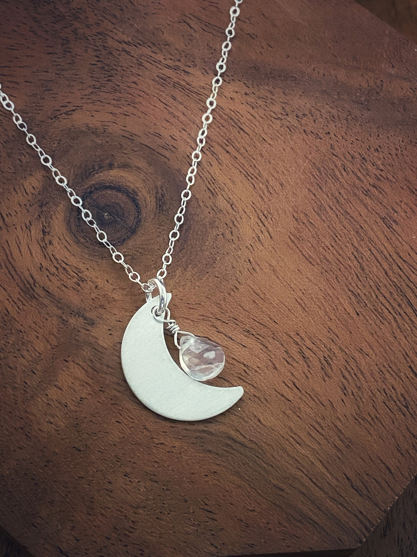 Forged sterling silver moon necklace with moonstone