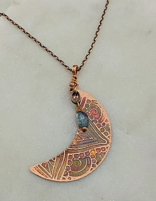 Acid etched copper crescent necklace with apatite gemstone