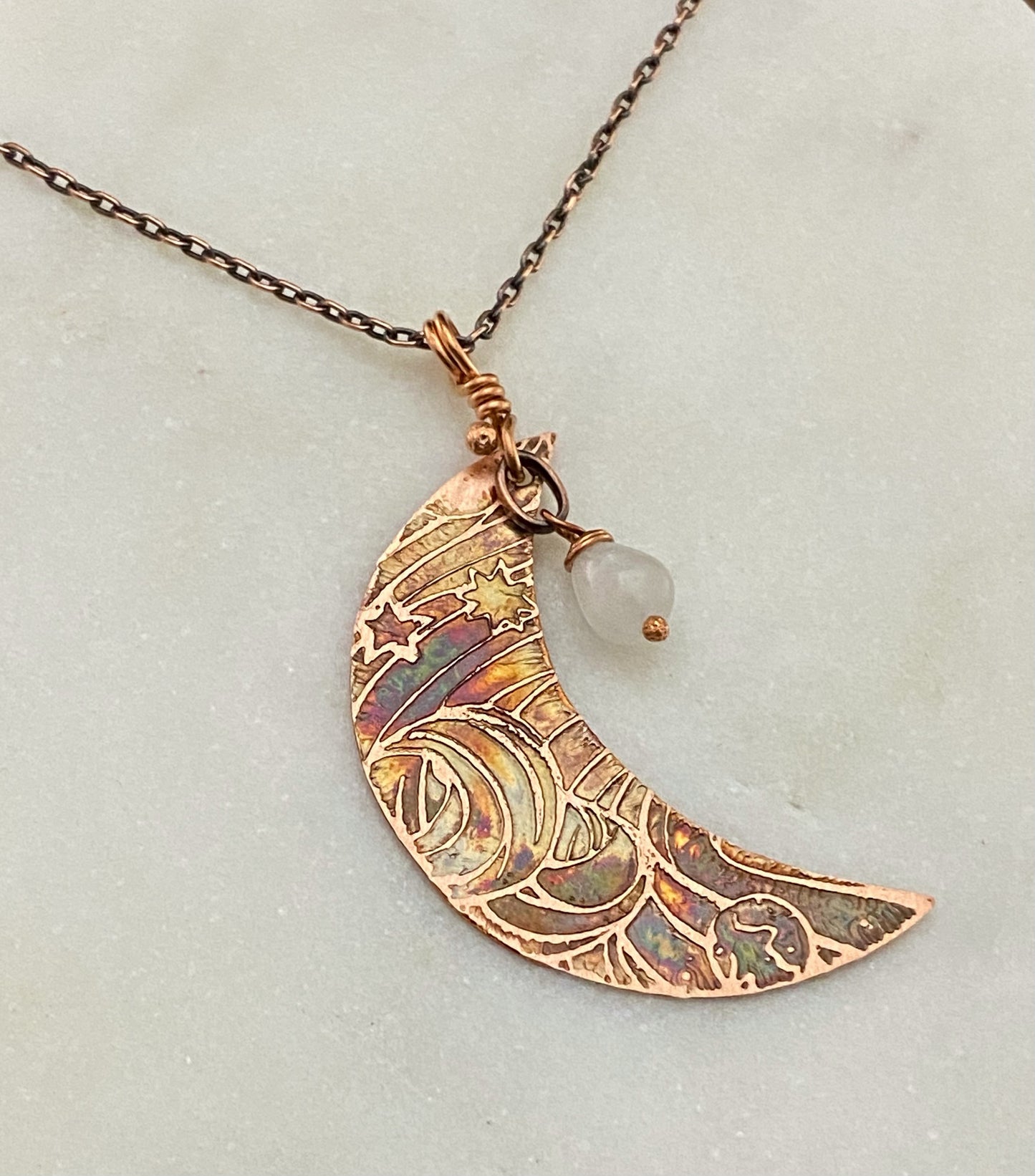 Acid etched copper crescent necklace with moonstone gemstone