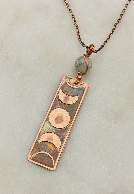 Moon phase acid etched copper necklace with prehnite gemstone