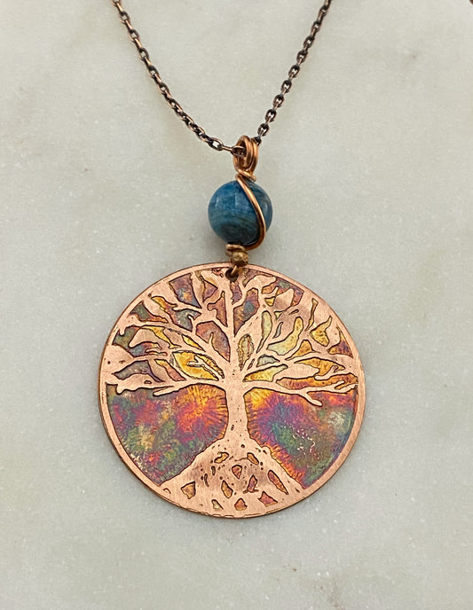 Acid etched copper tree necklace with apatite gemstone