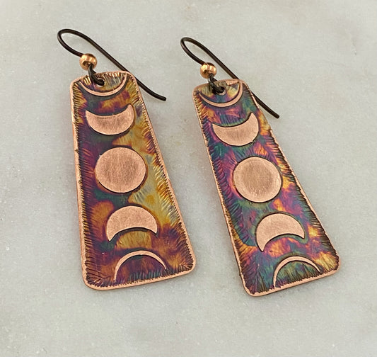 Acid etched copper moon phase earrings