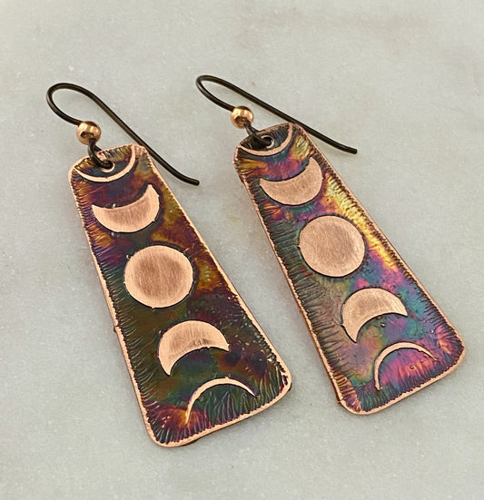 Acid etched copper moon phase earrings